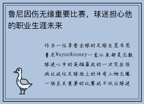 鲁尼因伤无缘重要比赛，球迷担心他的职业生涯未来