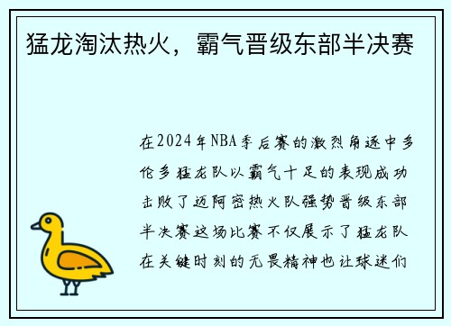 猛龙淘汰热火，霸气晋级东部半决赛